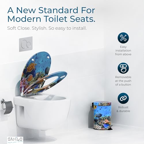 Image of Sanilo Wooden Toilet Seat with Quick Release & Soft Close [ROUND] - Decorative & Slow Close Molded Wood Seat - With One Click for Easy Installation & Cleaning - With Adjustable Fit (Ocean)