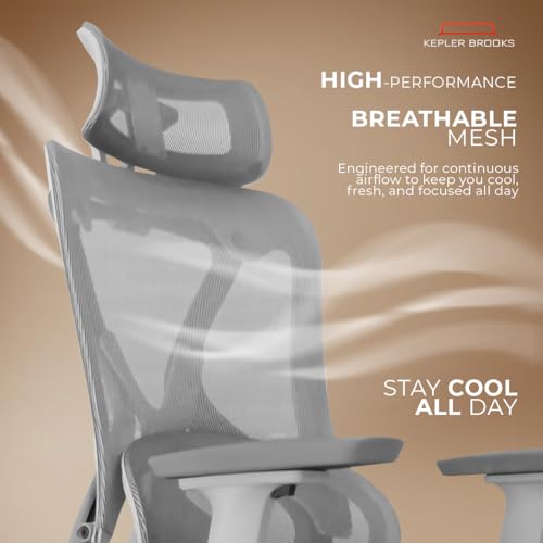 Image of Kepler Brooks Vogue Premium Office Chair for Work | 3-Yr Warranty | Ergonomic Office Chair, Study Chair, 2D Headrest, 3D Arms, Multi Lock Seat Slider with Heavy Duty Metal Base (Grey)