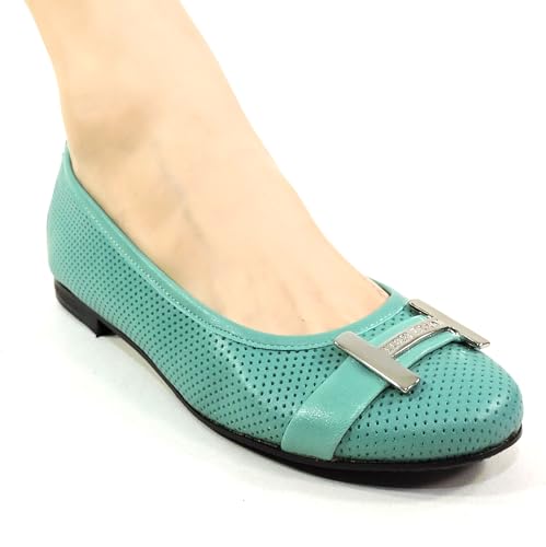 Women's Perforated Leather Ballet Flats, Mint Green, Comfort Loafers with Metal H Buckle, Made in Italy.3