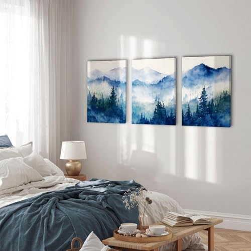 SERIMINO Nature Landscape Canvas Wall Art for Living Room, Forest Mountain Canvas Prints Paintings, Blue Modern Farmhouse Wall Decor for Bedroom Bathroom Set of 3, 16"X24"