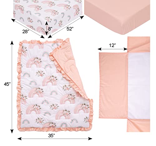 Noisy Mouse - Boho Rainbow, Premium, 100% Organic Cotton 4-Piece Baby Nursery Bedding Crib Set | Baby Comforter | 2 X Fitted Crib Sheets | Crib Skirt (Peach, Teal, White) #TOP3