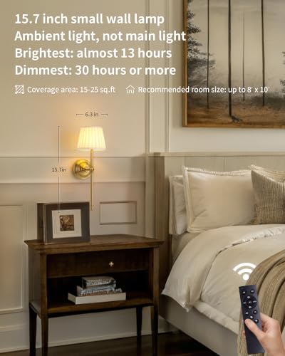 KDG Gold Cordless Wall Sconces Set of 2, Beige Fabric LED Wall Lamps - Image 2
