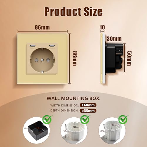 BSEED Steckdose mit USB C(5 V 2.1A),Unterputz Steckdose (Typ C und Typ C),16A 250V 1 Fach Wandsteckdose,2*USB C Einbausteckdose Geeignet f&uuml;r Phone,Pad-86mm*86mm,Gold