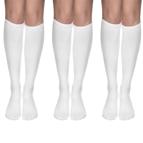 3 Pair Knee High Socks for Woman, White Thigh High Socks Long Tall Tube Sock Baseball Softball Sock Cotton Cosplay Stockings Athletic Long Stockings for Halloween and Everyday Wear