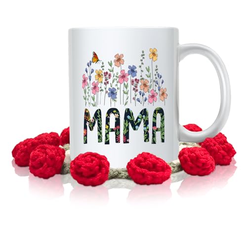 This Mama Ceramic Flower Mug Christmas with Handmade Crochet Rose Coaster – 1st Mother’s Day Gift – 11oz Tea/Coffee Mug with Floral Design for Moms