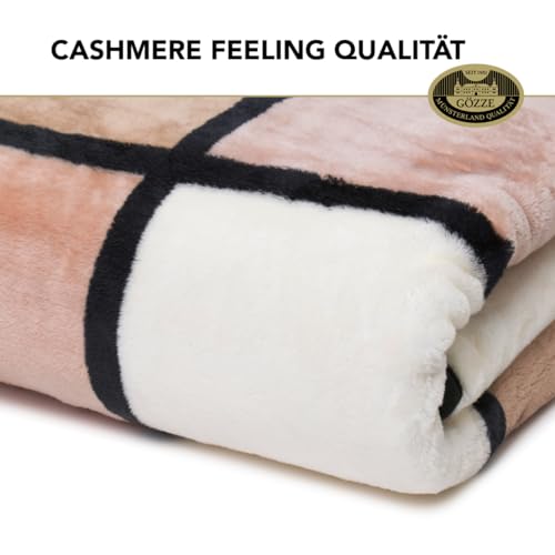 Gözze - Weiche Kuscheldecke, Cashmere Feeling, Hohes Stoffgewicht 500 g/m², Antigua, 150 x 200 cm - Taupe/Creme/Schoko