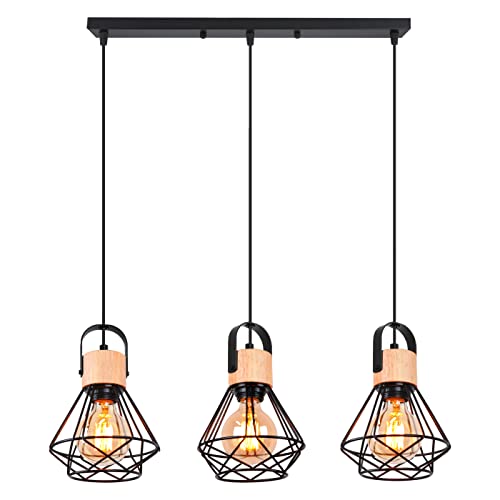 iDEGU 3 Lampes Suspension Luminaire Industrielle, 16CM Vintage Lustre Suspension en Fer et Bois Rétro Cage Design Noir E27 Lampe de Plafond pour Salon Chambre...