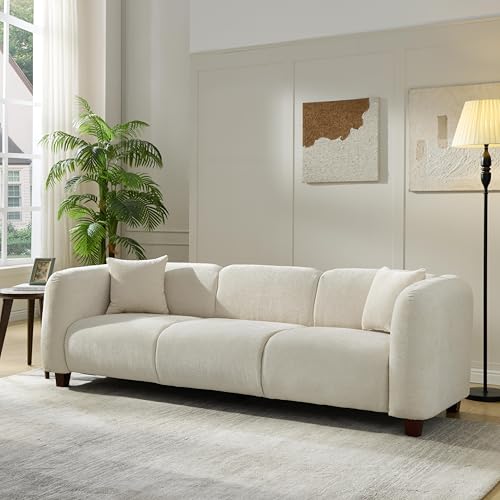 Image of Merax 87 inch Beige Chenille Couch 3 Seater Modern Sofas for Living Room | with 2 Pillows, Foam Filled Cushions, Solid Wood Legs, Upholstered Backrest and Armrest, Bear 900lbs, 87 inchW x 29.5 inchD x 26.5 inchH