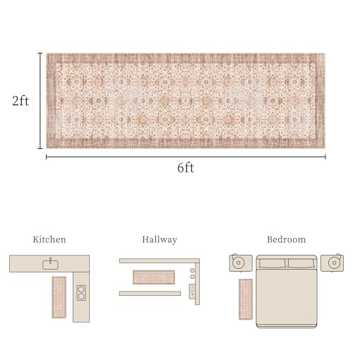 Vintage 2x6 Washable Runner, Low-Profile Kitchen Runner Rug with Non-Slip Backing & Durable Edge Binding, Pet-Friendly Entryway Rug for Bedroom & Hallway