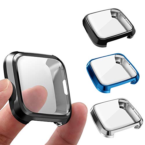 3 Packs Screen Protector Compatible Fitbit Versa Lite Edition, GHIJKL Ultra Slim Soft Full Cover Case for Fitbit Versa Lite Edition (Versa Lite: Black, Silver, Blue)