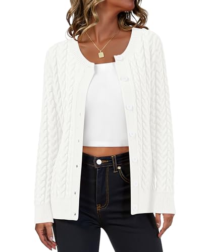 LILBETTER Womens Cable Knit Long Sleeve Crewneck Button Down Open Front Cardigan Sweater for Fall and Winter 2025