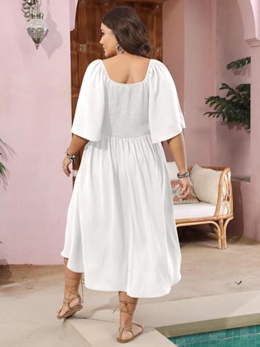 Image of SCOMCHIC Plus Size Summer Dress Casual Short Sleeve Bow Tie Deep V Neck Smocked Button Down Midi Flowy A-line Boho Dresses