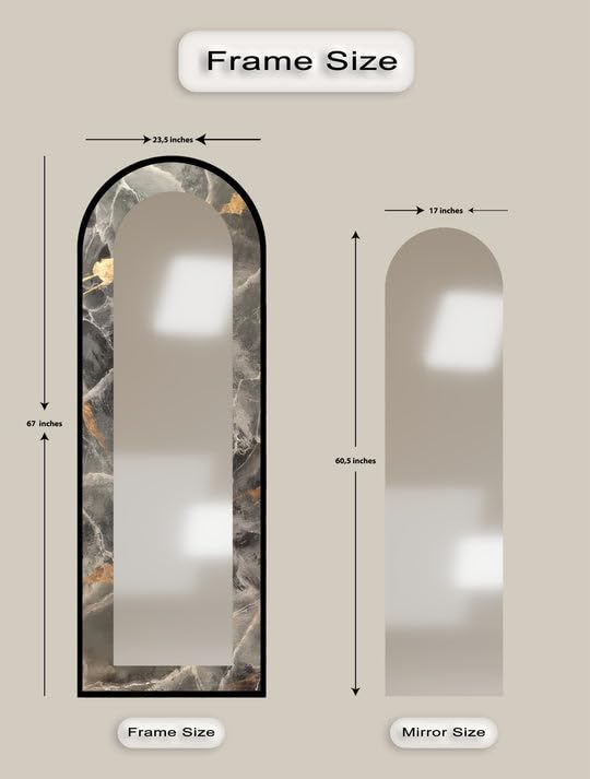 Specchio da pavimento astratto con venatura in marmo fumé da 63,5 x 160 cm (larghezza x altezza), specchio da pavimento con cornice nera e cornice nera