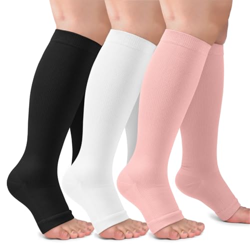 Image of CTHH Toeless Compression Socks for Women & Men Open Toe Knee High Stocking | 3 Pack 20-30 mmHg Graduated Compression Socks Best Support for Circulation Flying Running Daily Wear Cooling