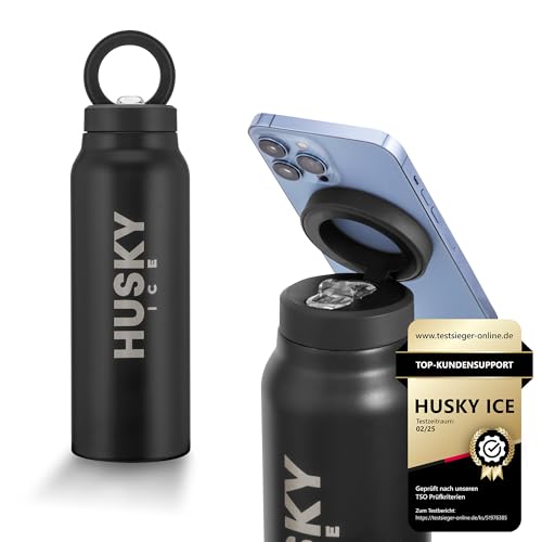 HUSKY ICE Edelstahl Trinkflasche mit MagSafe Ring - Isolierflasche mit Magnetische Halterung für Handy 750ml - Sportflasche für Gym, Büro – Sport Thermobecher - Thermosflasche Kohlensäure (Schwarz)