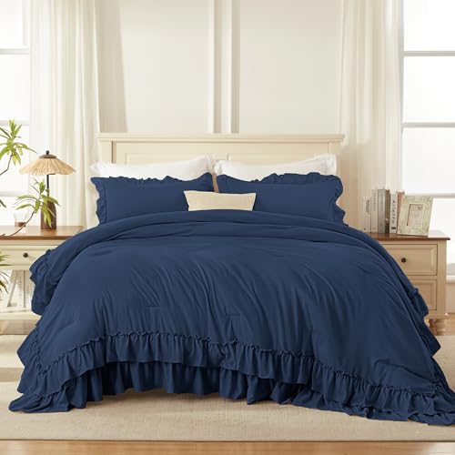 Image of Andency Navy Blue King Comforter Set (104x90Inch), 3 Pieces Ruffle Comforter Set with 2 Pillowcases, Farmhouse Shabby Chic Lightweight Fluffy Soft Polyester All Season Bed Set