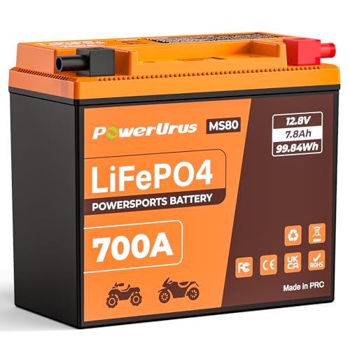 Batteria al Litio Per Moto, PowerUrus Batteria al Litio LiFePO4 da 12 V con BMS, Batterie di Avviamento per Moto LiFePO4 da 12,8 V, 7,8 Ah, 700 CCA, per ATV e UTV