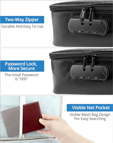 QWORK® Fireproof Document Bag, Important Document Organizer, Lockable Document Box, Waterproof, for Valuable Document Black - Image 4