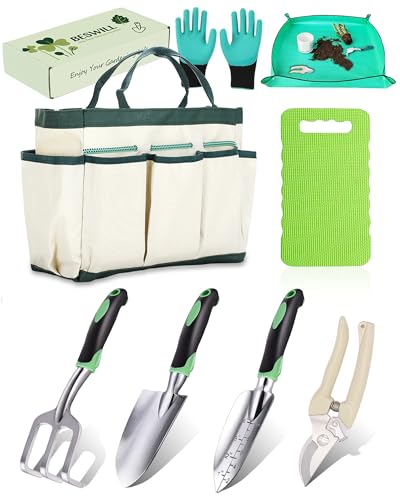 Beswill 8-Piece Heavy-Duty Gardening Tools Set with Tote Bag - Rust-Proof...