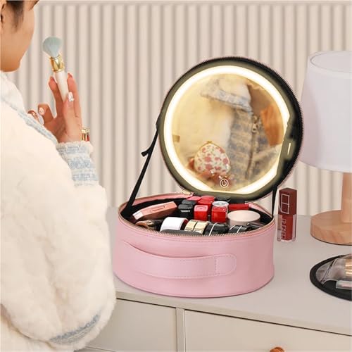 Makeup Bag with Mirror Travel PU Makeup Bag with Led Mirror, Portable Cosmetic Bag with Mirror, Travel Rechargeable Makeup Bag with Led Lights(Pink)3