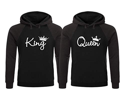 King and Queen Couple Hoodies - King Queen Hoodies Couples - Queen and King Hoodies - Black - Charcoal Men Large - Women Medium