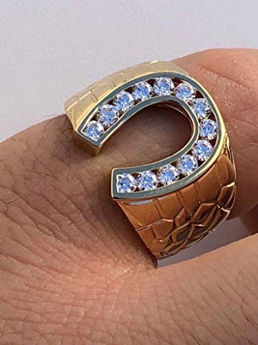 Solid 925 Sterling Silver - 14k Gold Plated - Lucky Horseshoe Ring - Mens Horse Shoe Ring Iced Flooded Out2