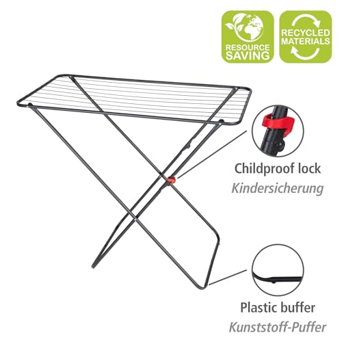 WENKO Wäscheständer 11 m Trockenlänge, klappbarer Wäschetrockner platzsparend für kleine Räume, Stahl schwarz, Mod. Solo Champion – Bild 2