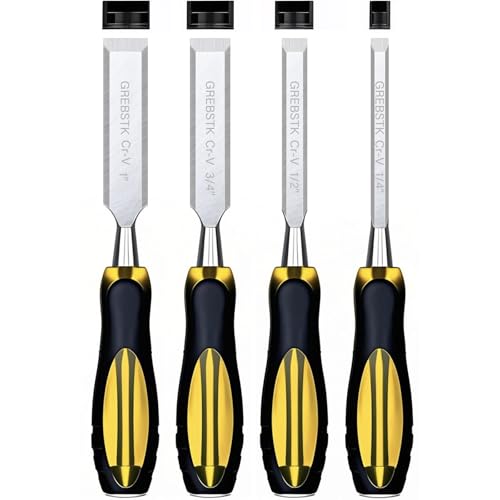 Image of GREBSTK 4-Piece Ultra-Sharp Wood Chisel Set, CR-V Steel Beveled Blades with Guards, Comfortable & Durable Handle, for Carving, DIY & Woodworking (1 /4 inch, 1 /2 inch, 3 /4 inch, 1 inch)
