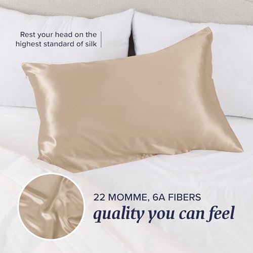 Image of Beckham Hotel Collection Silk Pillow Case with Zipper, 100% Mulberry Silk Pillowcase for Hair & Skin, 22 Momme 6A Grade, Oeko-TEX Certified, 1PC, King, Champagne