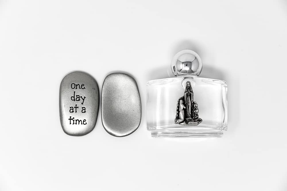 Catholic Gift Shop One Day at a Time Pocket Token - Thumb Stone with a Rectangular Glass Bottle FILLED with Lourdes Water