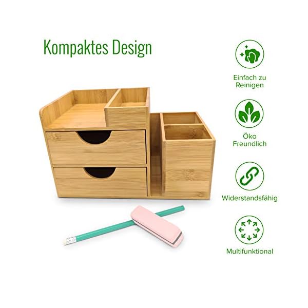DGREGIO Schreibtisch Organizer Bambus, Nachhaltiger Büroorganizer mit Stiftehalter, Stifteköcher und Schubladen für Büroutensilien HxBxT: 16,5x27x16 cm – Bild 3