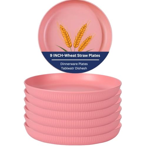 Image of Wheat Straw & Bamboo Fiber Plates Set, Lightweight Unbreakable Dinner Plates, Microwave and Dishwasher Safe, Plates Easy to Clean & Reusable (9 Inches, Pink, Set of 6)