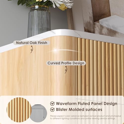 Image of Airynee Fluted 6 Drawers Dresser for Bedroom,52 inch Wide Handleless Chest of Drawers with Faux Marble Top, Wooden Dresser TV Stand, Wood Drawer Organizer for Living Room, Hallway, Natural Oak