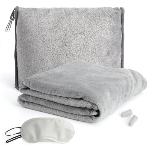 GZRXIOUS Manta de Viaje y Almohada 2-en-1 con Funda, Antifaz y Tapones Manta de Avión Suave y Compacta, Cojín Plegable para Coche, Camping, Oficina y Vuelos Largos