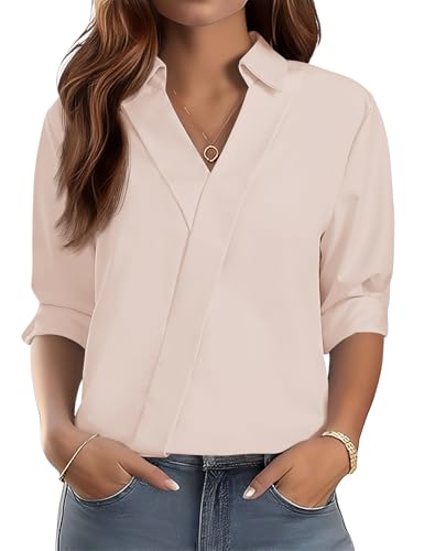 Image of LOMON 3 /4 Length Sleeve Womens Tops Dressy V Neck Collared Shirts Trendy Business Casual Work Blouses Vacation Outfits 2026