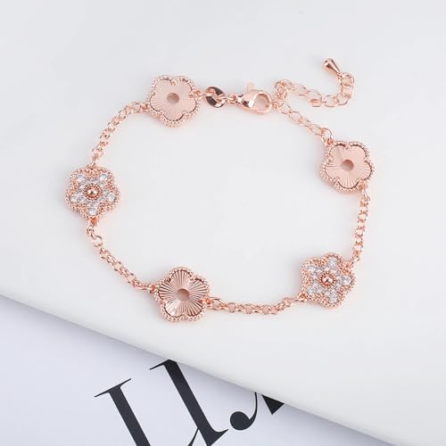 14K Gold Filled Clover Lucky Bracelet For Women - Double Sided Stone Plant Five Leaf Flower Adjustable Link Bracelets, 4 Leaf Clover Bracelet2