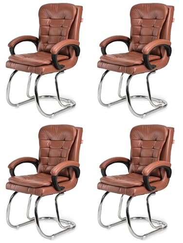 Image of GOYALSON Leatherette Double Cushion Office Guest Chair Sleek, Comfortable Seating for Visitors in Lobby, Reception (4, Brown, Double Pipe Chrome Steel Frame)