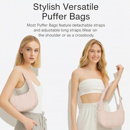 Elegant White Moon-Shaped Shoulder Bag - Nylon Quilted Crescent Purse with Adjustable Strap for Women3