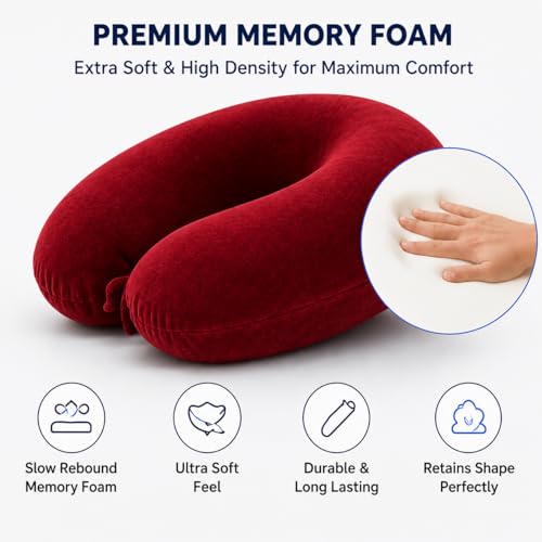 Image of Restify Premium Memory Foam Travel Neck Pillow with Eye Mask | Soft Velvet U Shape Neck Support Cushion for Flight, Airplane, Car & Office Travel | Portable Pillow for Men & Women | Maroon
