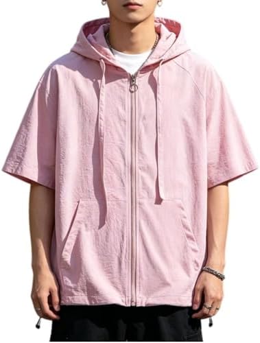 FJLTDCP Men's Short Sleeve Hoodie, Sweat Absorbent, Quick Drying, Breathable, Henley Button, Loose, For Summer, Top With Drawcord, Casual, Stylish, Big Silhouette