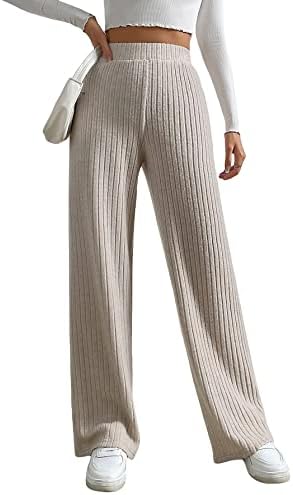 GORGLITTER Women's Solid High Waist Wide Leg Pant Elastic Ribbed Knit Palazzo Pants Trousers Basic Solid Apricot