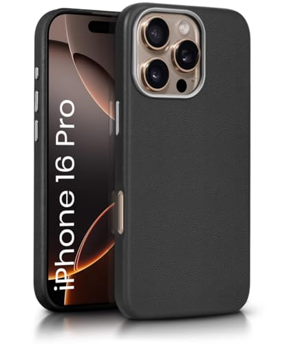 Image of WOW IMAGINE Back Cover for iPhone 16 Pro | Shockproof Tough Leather Texture Hard Mobile Case | Ultra Slim Non-Slip Grip | Inner Velvet Fabric | Metal Camera Ring - Black