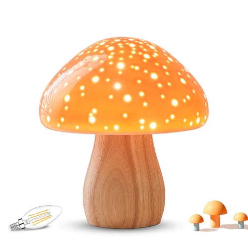 BOHON Ceramic Mushroom Lamp – Retro Orange Bedside Table Lamp (Warm White, Corded)