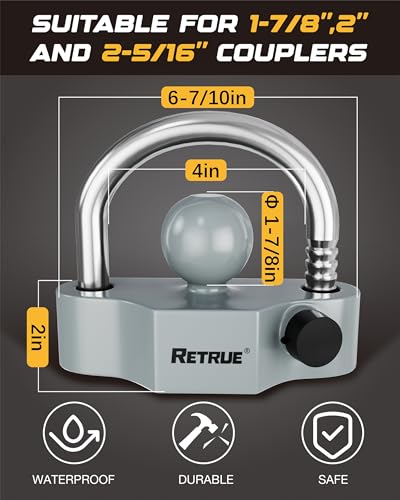 Image of RETRUE Heavy-Duty Universal Coupler Lock Trailer Locks Ball Hitch Trailer Hitch Lock Adjustable Security Steel Fits 1-7 /8 Inch, 2 Inch, 2-5 /16 Inch Couplers Grey & Silver