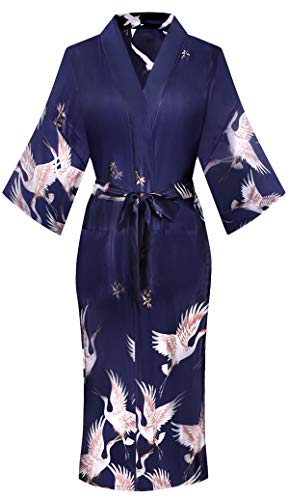 Valennia Women Long Silky Bathrobe Satin Kimono Robe Floral Printed Dressing Gown Sleepwear, Navy Crane Printed 2, Large
