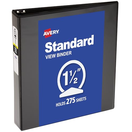 Avery Standard View 3 Ring Binder 1.5 Round Rings 275-Sheet Capacity 2.1 Inch Wide Spine 1 Black Binder Ideal for Lightweight Organization and Occasional Referencing (05771)