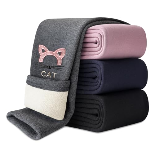 Domee Leggings Invierno Calentitos Pantalones Térmicos Algodón Niña con Bordado de Gato Gris Oscuro 6-7 años (Talla del Fabricante 120)