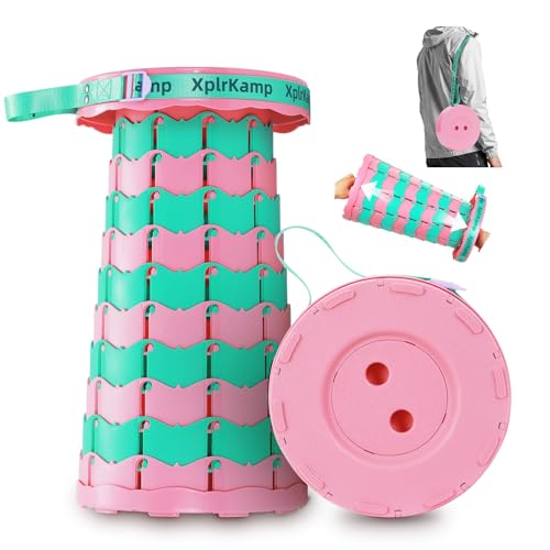 Retractable Folding Stool - Heavy Duty 400 lb Collapsible Portable Stool for Camping, Hiking, Fishing, Indoor/Outdoor with Non-Slip Base and Lightweight Design (Pink Green, 1-Pack)