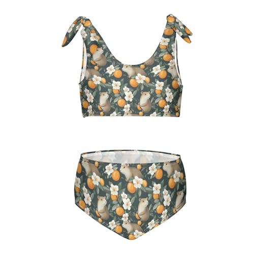 Cute Capybara Flowers Leaf Oranges Girls Tankini Swimsuit Kids Bikini Sets 2 Pcs Bathing Suit 3T