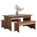 LITTLE TREE 55' Dining Table with 2 Benches, Dining Table Set for 4-6 People, Farmhouse Kitchen Table with Bench, Dining Room Table Set